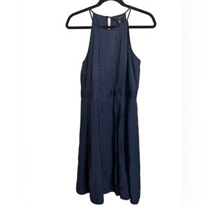 Banana Republic navy blue midi dress with blue dots, size 6 petite, sleeveless